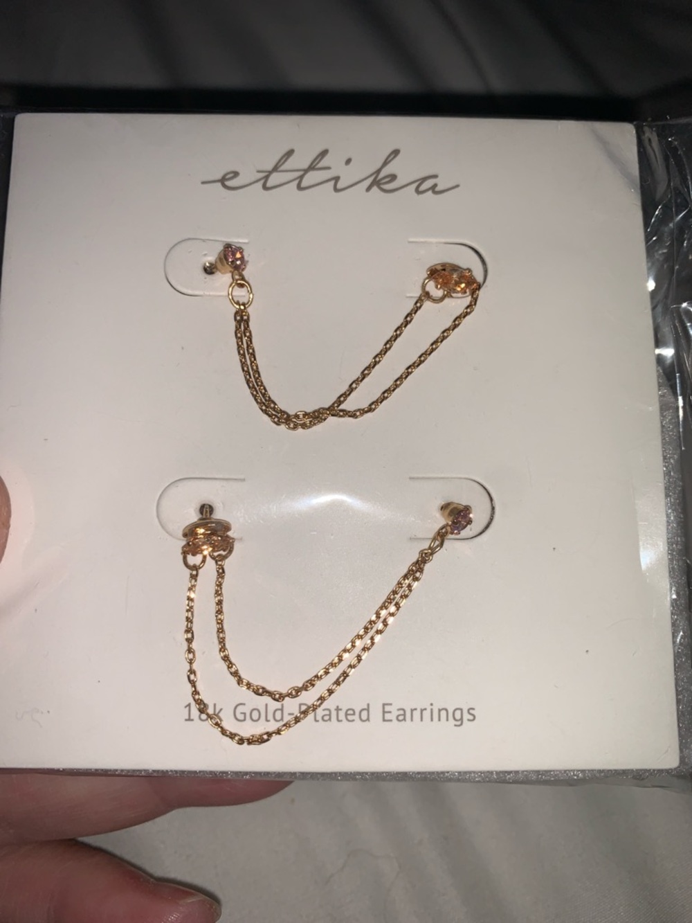 ettika Gold-Tone Double Chain Connector Earrings with Pink Stones